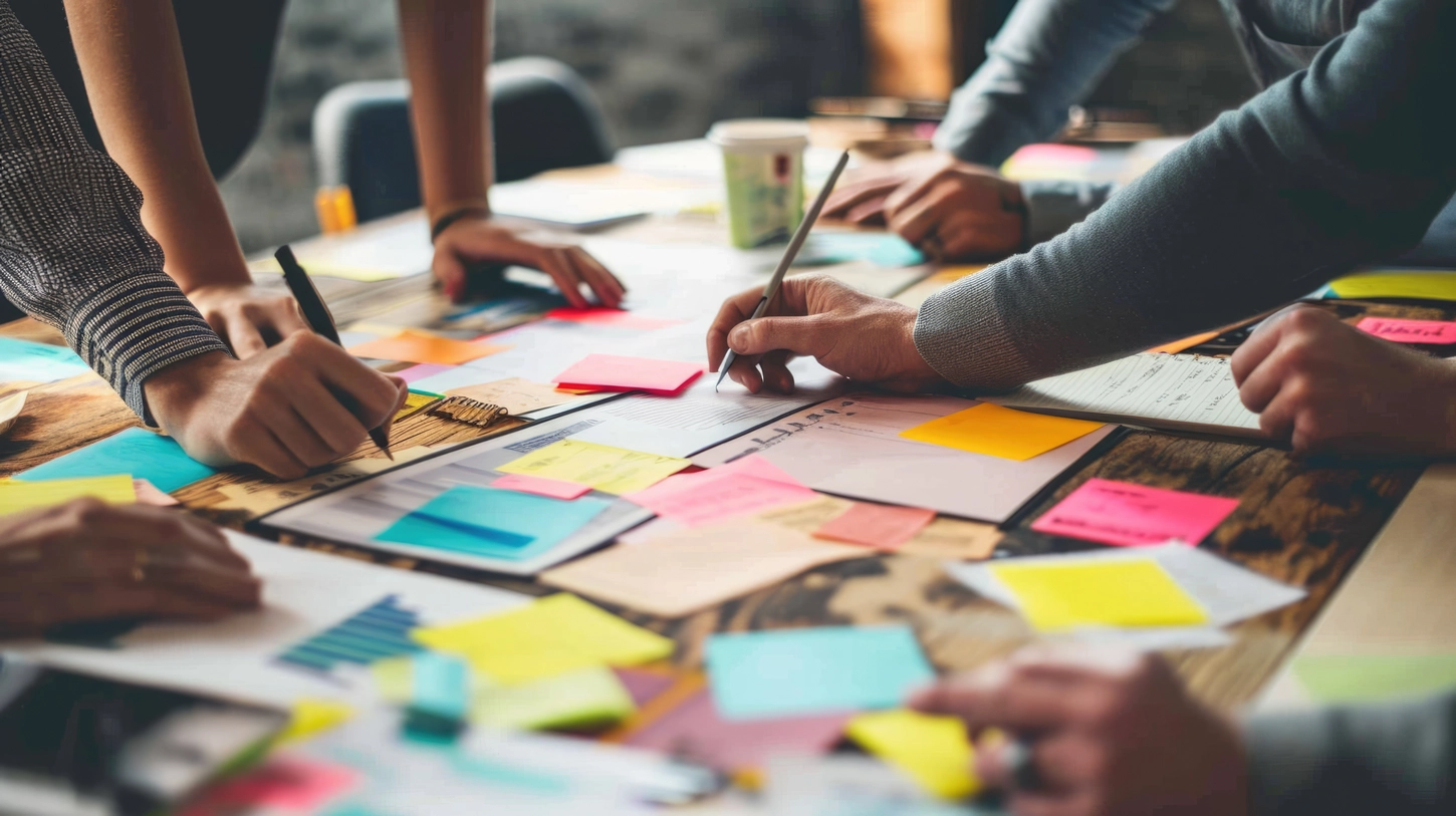 RUF - Management Consulting - Nahaufnahme mehrerer Hände, die gemeinsam an einem Projekt auf einem Holztisch arbeiten und dabei bunte Haftnotizen, Papiere und digitale Geräte verwenden.